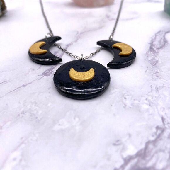 Black and Gold Moon Phase Celestial Sterling Silver Necklace - Picture 4 of 9